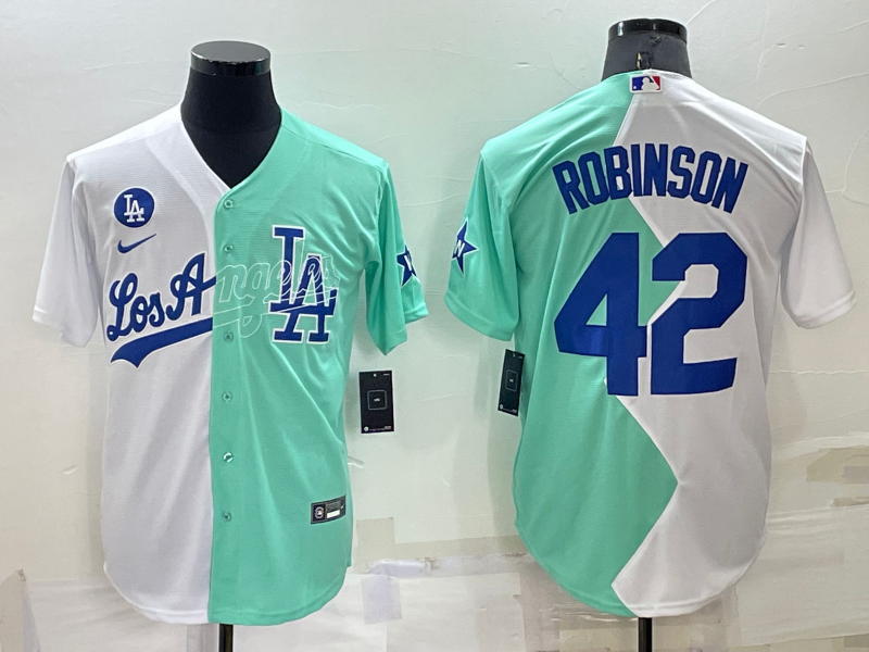 Men's Los Angeles Dodgers Jackie Robinson #42 White/Green Baseball Jersey